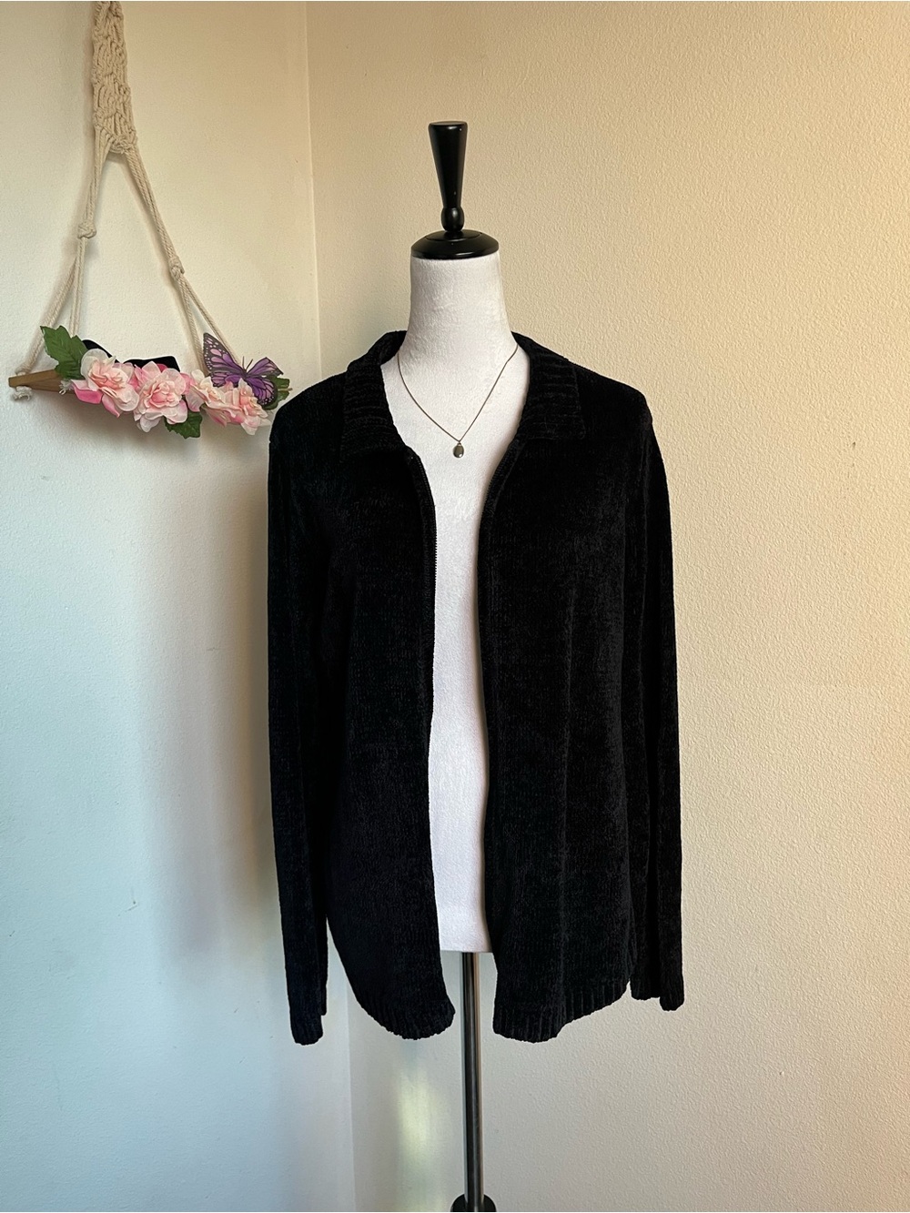 Vintage Velvety Black Women's Open-Front Sweater Cardigan size L
